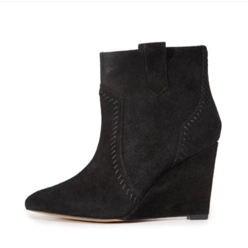 Rebecca Minkoff Bianca Black Suede Wedge Booties Distressed Tonal Stitched 6 M